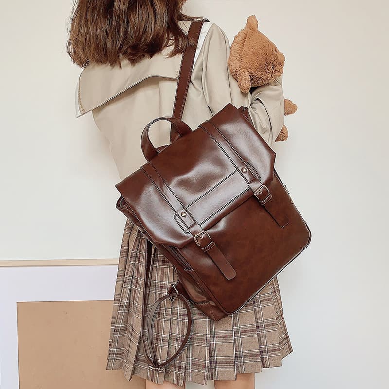CDIWRI&KARI Japanese-Style Backpack Preppy School Bag Vintage Soft Leather Women's Bag Casual Cambridge Commuter Bookbag