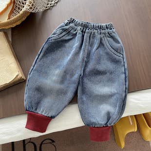 Kids Cartoon Thickened Jeans Autumn/Winter Toddler Boy Fleece-Lined Winter Pants Baby Girl Warm Long Pants One-Piece Fleece