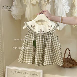Ningli Korean Girl Summer New Rabbit Green Plaid Dress Baby Stylish Dress Korean Princess Dress Fashion