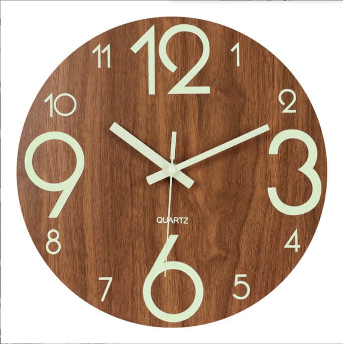 12-inch Luminous Wood Grain Wall Clock, Quartz Clock for Bedroom and Living Room, Simple, Glowing, Fluorescent, Hot Selling Clock