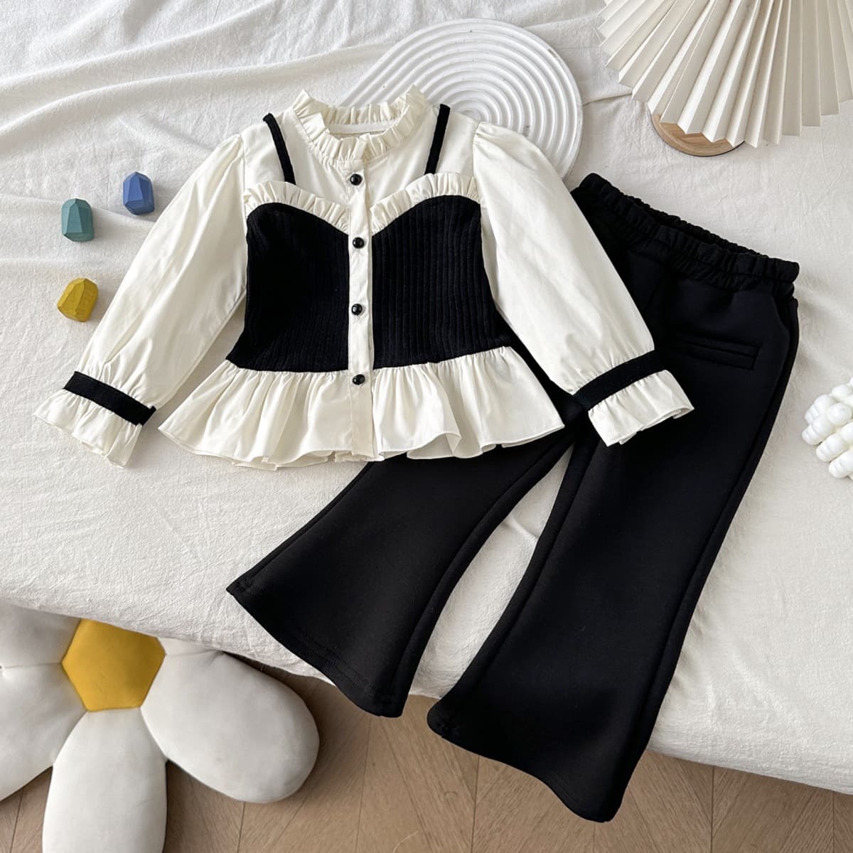 6763 New Stylish Trendy Set Spring Outfit Elegant Girl Princess Tweed-Style Children's Shirt and Flared Pants Two-Piece