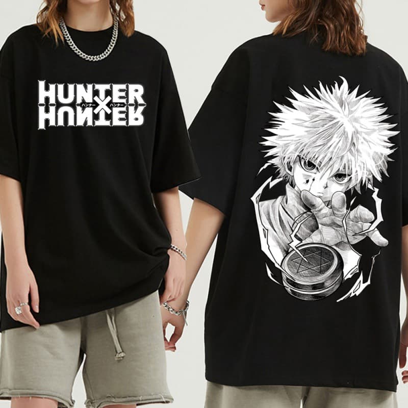Japanese anime Hunter X Hunter Killua black and white round neck T-shirt Japanese casual men and women short sleeves