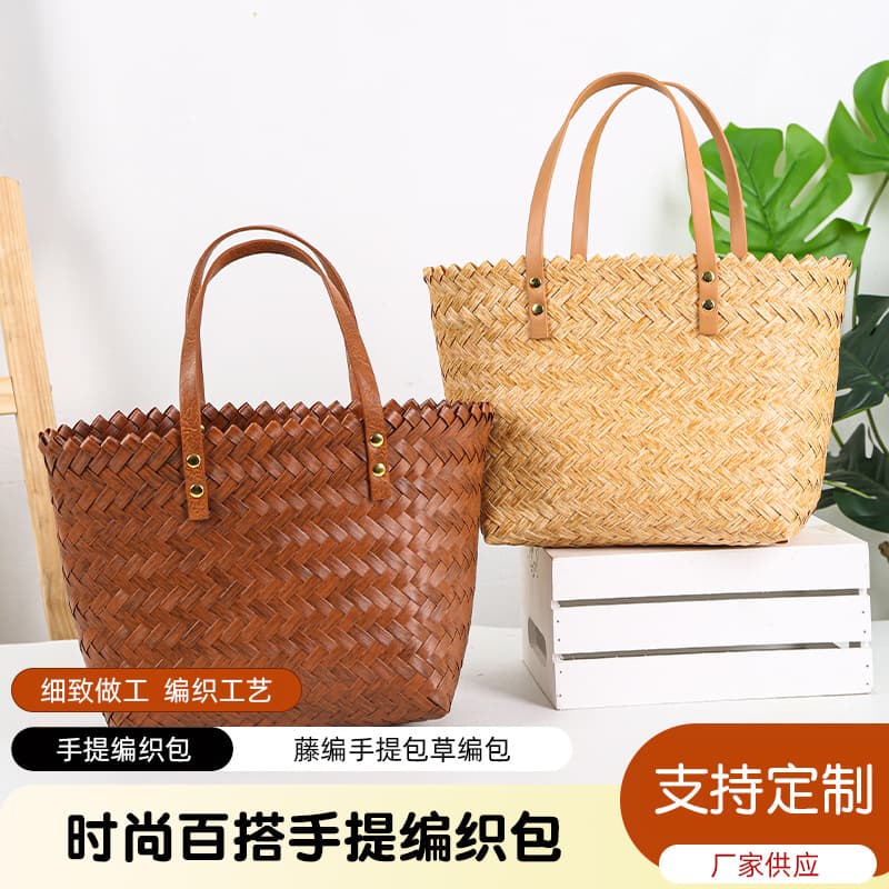 New Rattan Woven Handbag Straw Bag Bamboo Handle Bag Vintage Handmade Woven Basket Bag Gift Bag