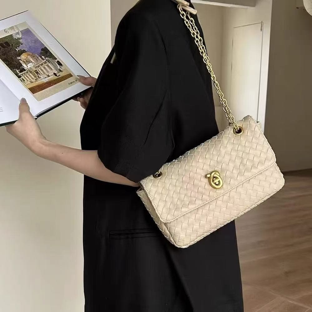 B-brand Handmade Woven Cowhide Genuine Leather Women's Bag Fashion Madison Chain Bag Shoulder Crossbody Flap Envelope Small Bag