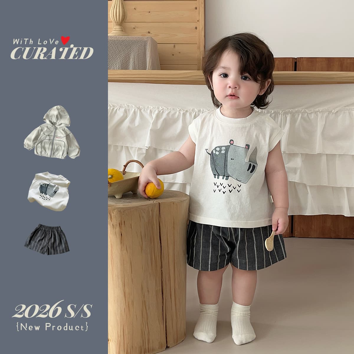 Boys summer suit hooded sun protection coat baby cartoon vest baby vertical striped shorts children's three-piece set