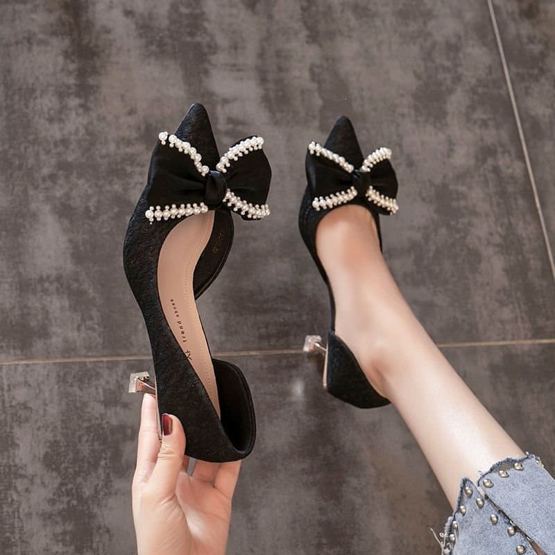 French High Heel Women's Autumn Winter Thin Heel Bow Shallow Mouth Bride Wedding Bridesmaid Shoes
