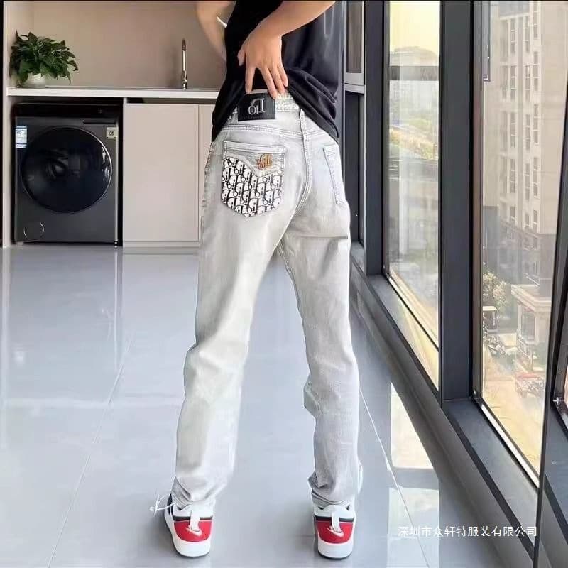New Style Letter Embroidered Slim Fit Versatile Casual Jeans, Trendy Brand Small Leg Straight Long Pants for Men