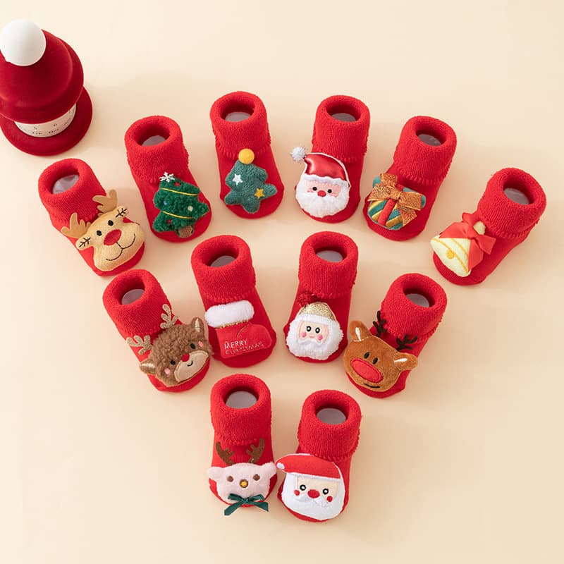 Newborn Baby Socks Autumn/Winter Style A-Class Cotton Red Terry Fleece Lined Thickened Anti-Slip Baby Christmas Floor Socks