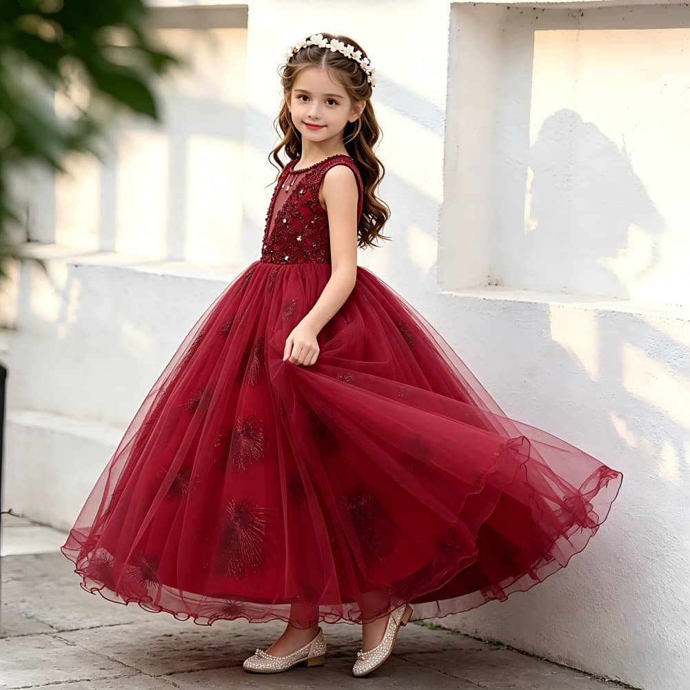 Girls Long Lace Dress V-Neck Princess Style Performance Costume Children's Wedding Dress Wholesale Kids Fashion Clothing