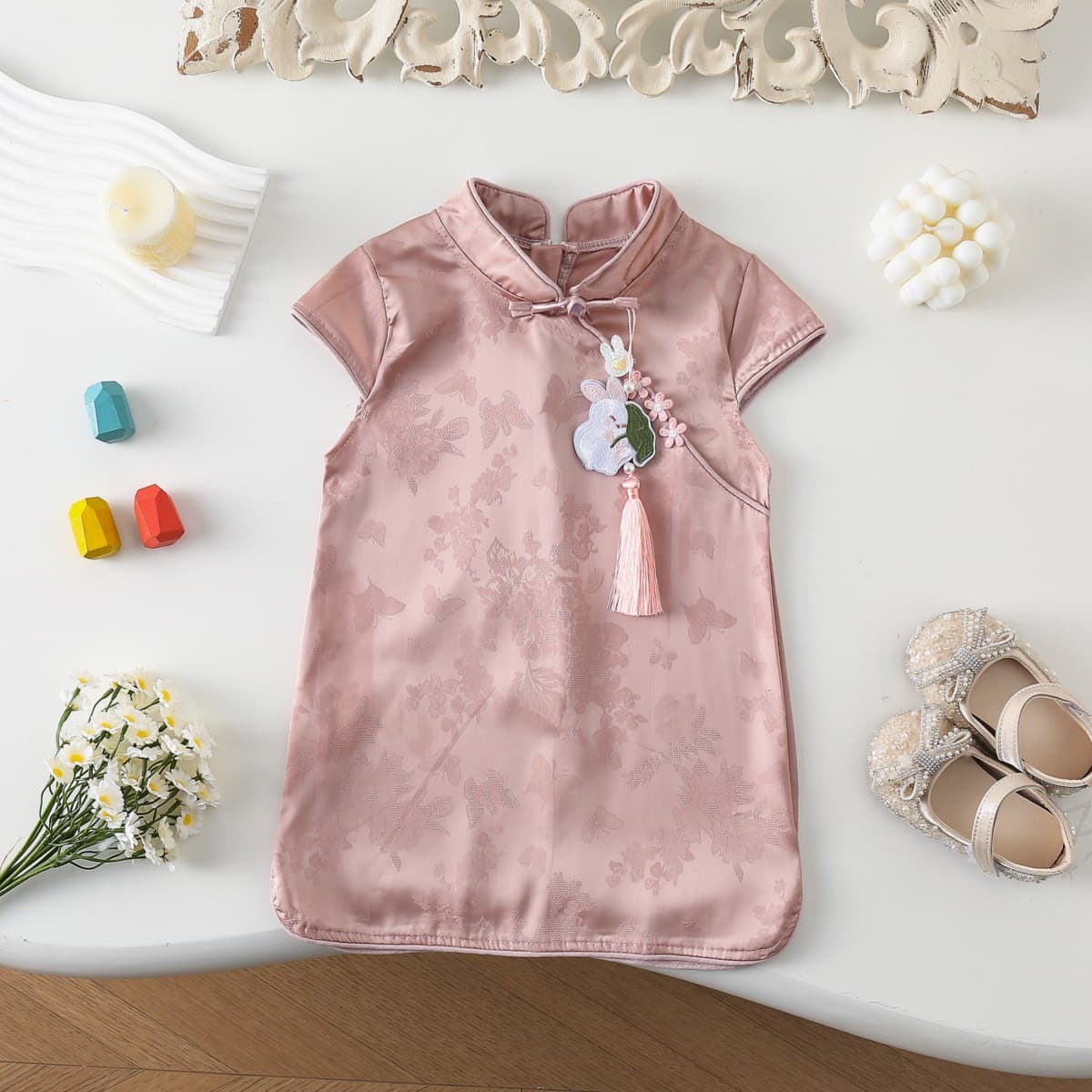 77311 Girl's Pink Cheongsam Dress, Summer 2024 New Arrival Children's Thin Fringe Republic Era Style Princess Dress