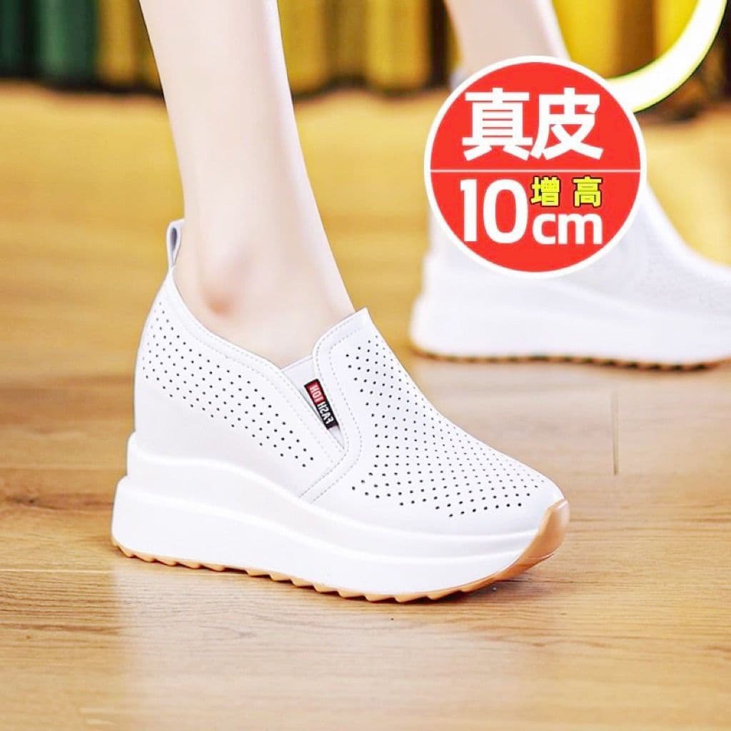 10CM Height-Increasing Genuine Leather White Sneakers for Women, 2025 Spring/Summer New Casual Slip-Resistant Low-Profile Slip-On Lazy Shoes