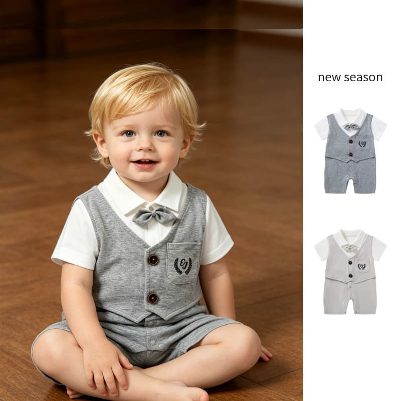 Baby Short-Sleeve Bodysuit with Gentleman Bowtie and Vest Layered Design, Newborn Photo Outfit and Romper