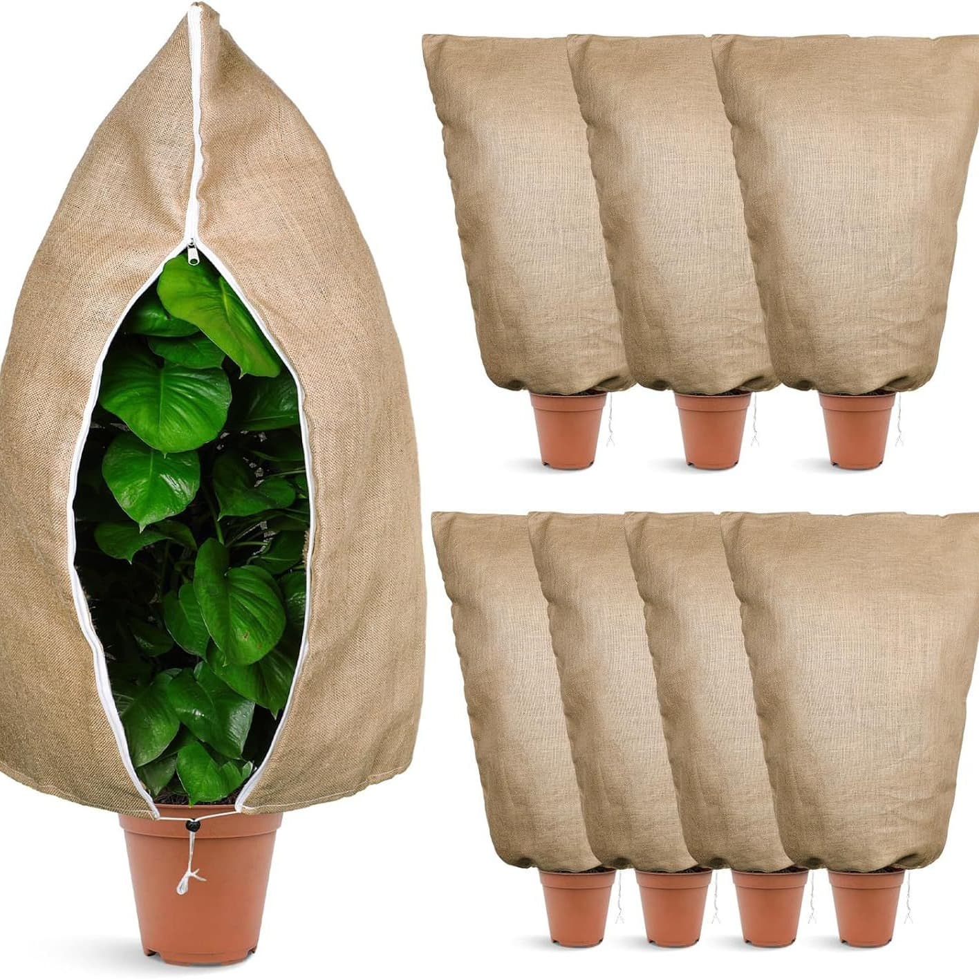 Reusable 77 x 100cm breathable plant winter protection sacks made of jute material.