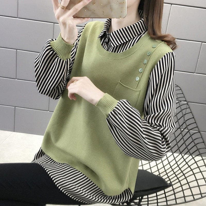 Faux Two-Piece Women's Top Long Sleeve Shirt Collar Spring Autumn Long Sleeve Loose Korean Plus Size Outerwear Knitwear Sweater Coat