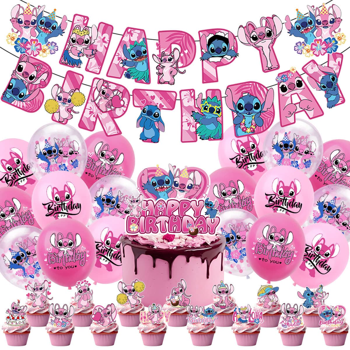 Pink Stitch Angel theme birthday party decoration Lilo and Baby pull flag girl background triangle
