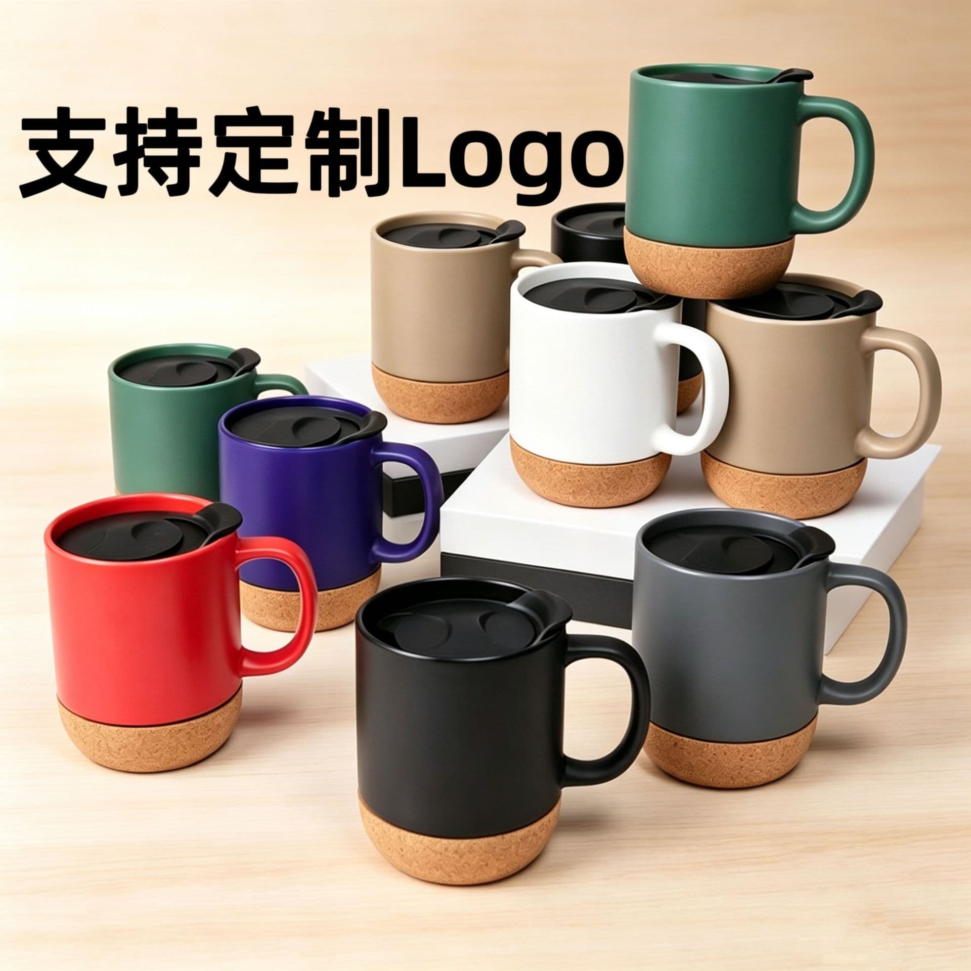 Cork Bottom Ceramic Mug with Frosted Lid, Anti-scald Cork Base Mug, Custom Logo Available