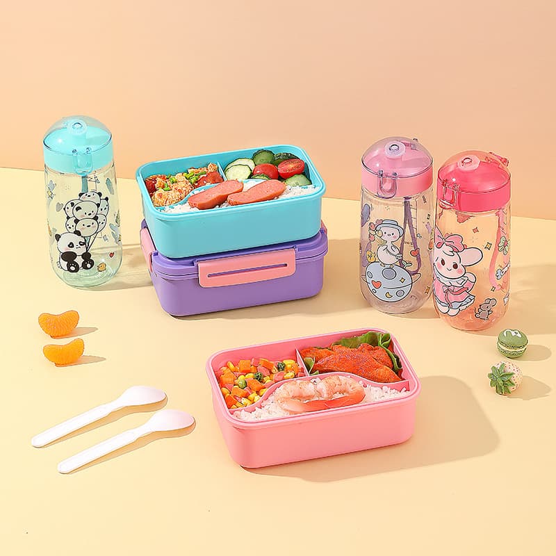 Travel Kids Lunch Box Set with Compartments, Portable Cartoon Lunch Box for Students, Plastic Kids Bento Box