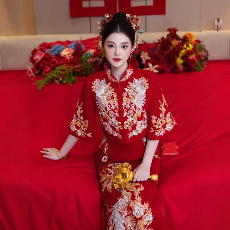 Xiuhe Suit 2026 New Style Bridal Wedding Engagement Dress for Women, Two-Piece Set, Chinese-Style Qipao Wedding Dress, Red Toast Dress