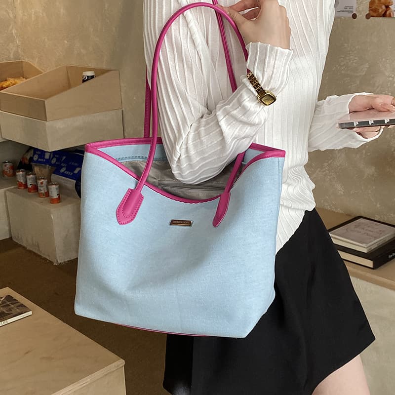 Wholesale Casual Work Commute Tote Bag Fashionable Large Capacity Handbag Contrast Color Textured Simple Denim Shoulder Bag