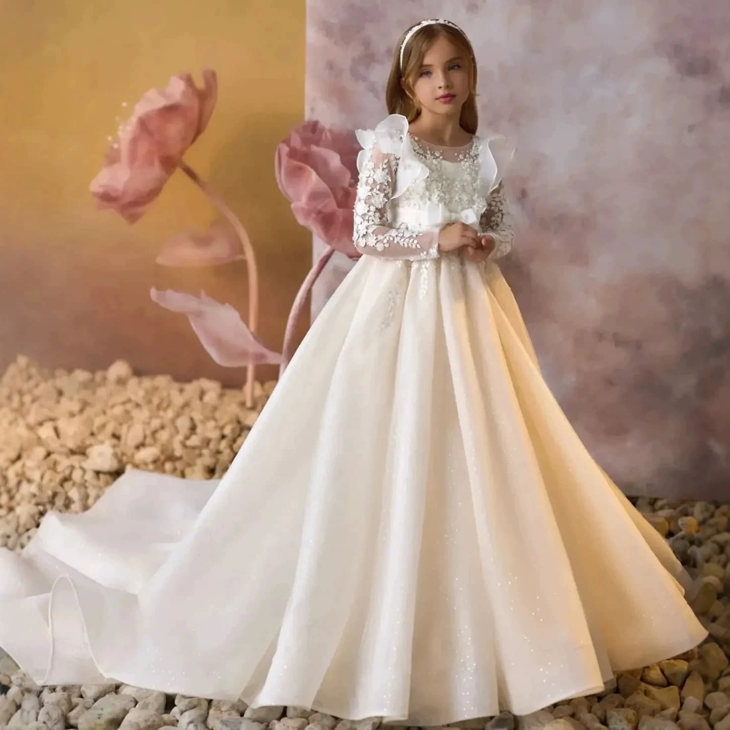Export Train Children's Wedding Dress Bridesmaid Dress Lace Birthday Host Piano Girls Tutu Dress HL1198