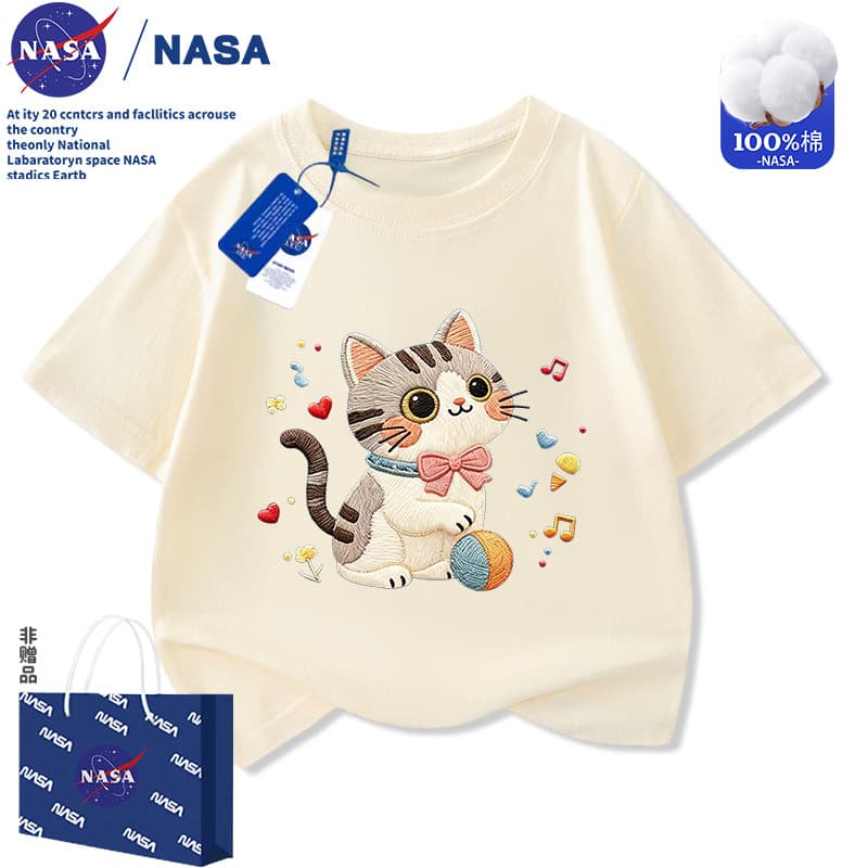 NASA children's cat short-sleeved T-shirt 2026 summer new imitation embroidery printed cotton half-sleeved top for boys and girls