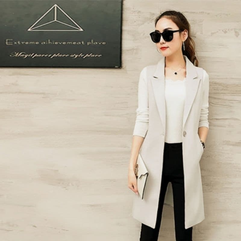 Fashionable Women's Slim Fit Long Sleeveless Jacket Korean Style Mandarin Collar Polyester Fiber Spring Autumn Outerwear Vest
