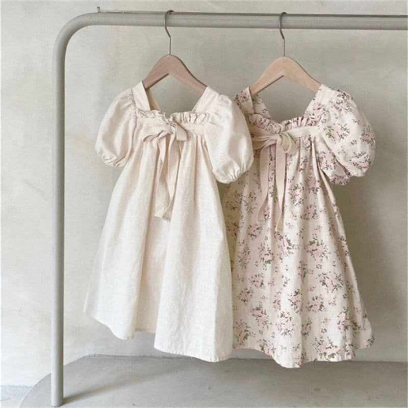 2024 new Korean summer style new dress girl baby puff sleeve sweet floral square neck dress