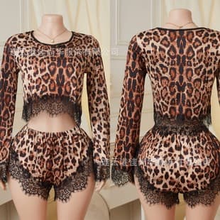 Cross-Border European and American Sexy Leopard Print Sleepwear Women Sexy Lingerie Robe Shorts Homewear Factory Wholesale