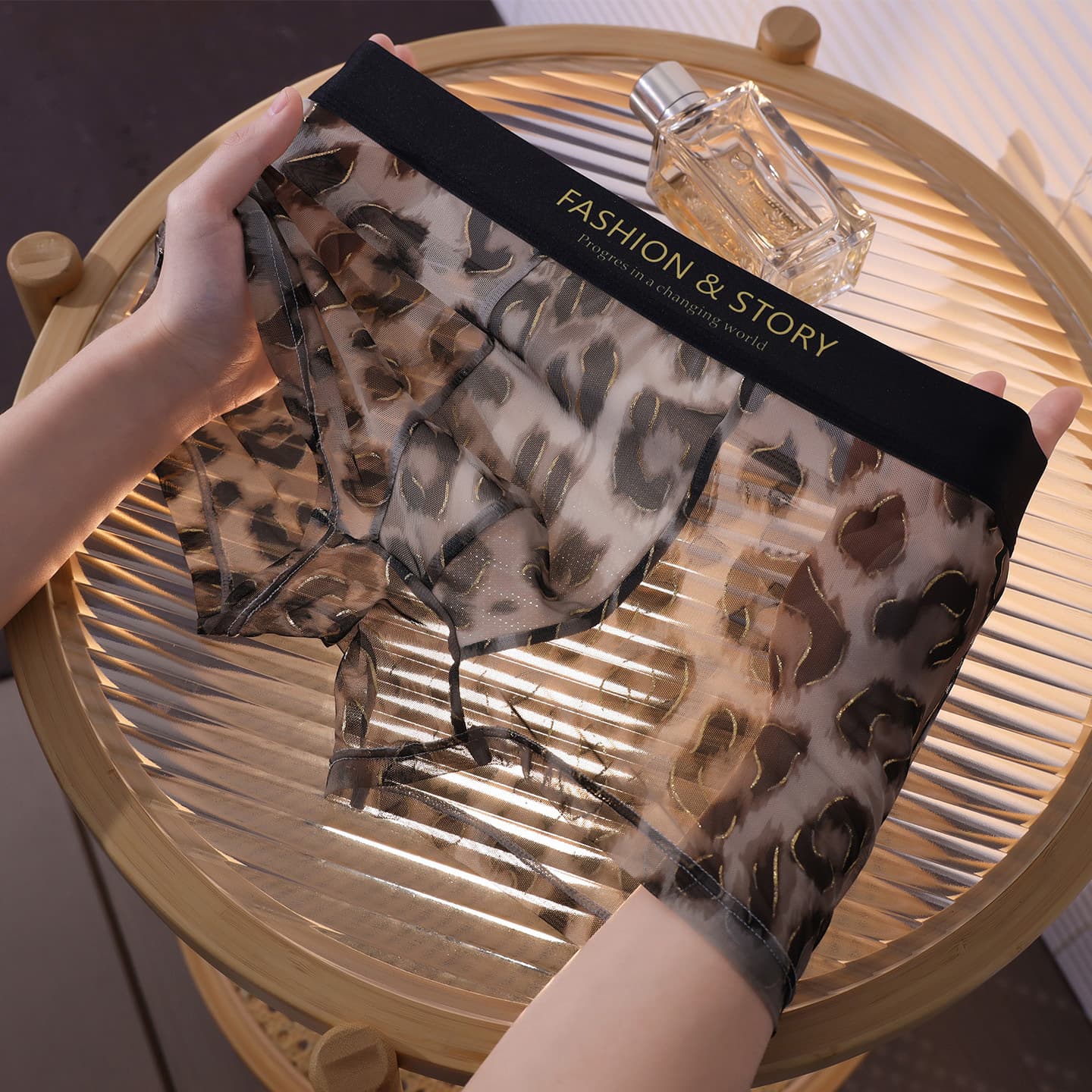 Sexy Leopard Print Men's Briefs Summer Ice Silk Mesh Semi-Transparent Boxer Shorts Ultra-Thin Breathable