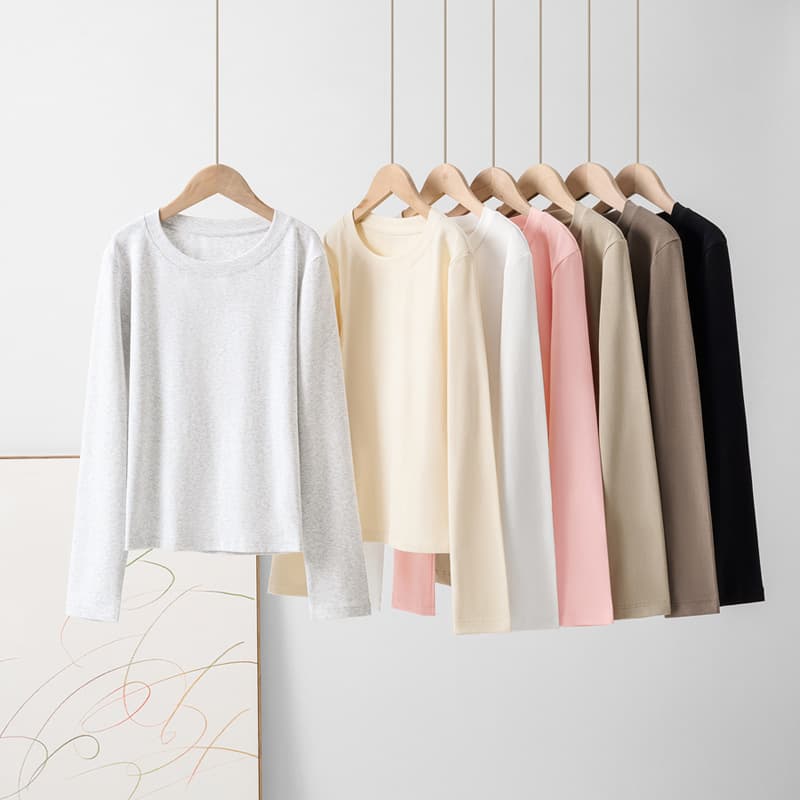 Round Neck, Right Shoulder, Long-Sleeved T-Shirt for Women, Spring & Fall New Style, Slim-Fitting Short Style, Slim Inner Top, Pure Lust Style Bottoming Shirt for Women