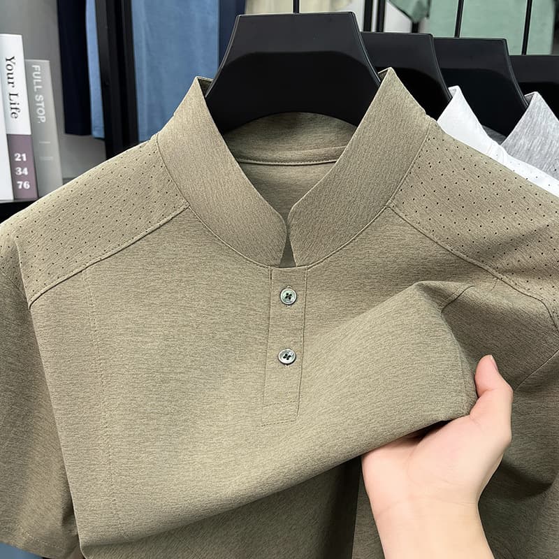 Cross-border Trade Short Sleeve Polo Shirt for Men, New Chinese Style Perforated Men's Half Sleeve Stand Collar T-Shirt, Solid Color Casual Top for Men