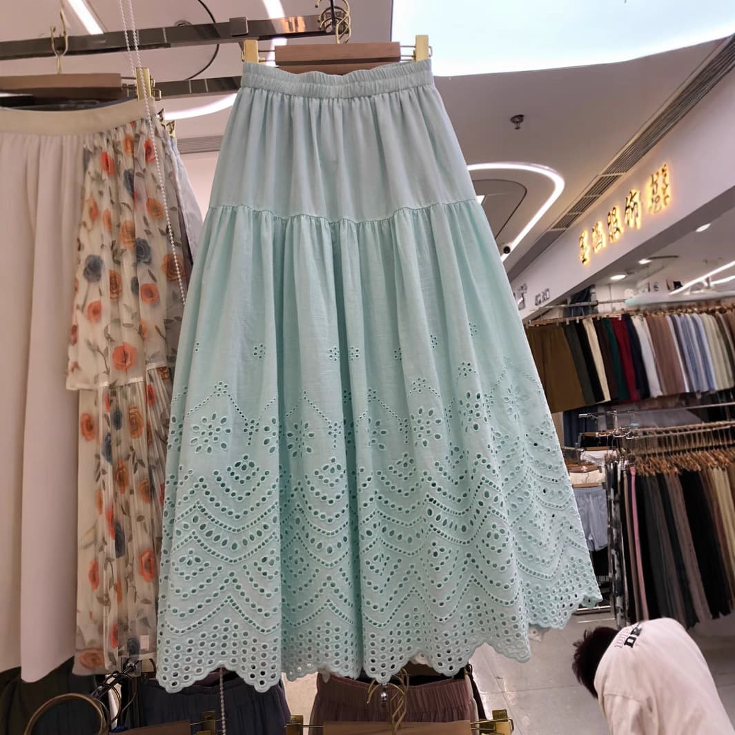 French Sweet Youthful Hollow Lace Crochet Skirt Women 2025 Summer New Elastic Mid-Length A-Line Skirt