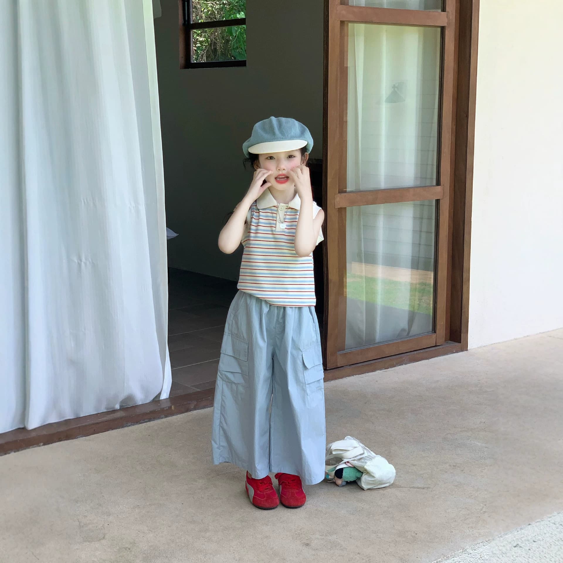 Girls Summer Pants 2026 New Fashionable Striped POLO Sleeveless Top Children's Cotton Canvas Long Pants