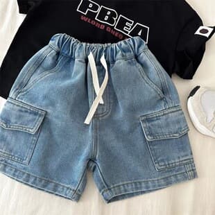 Children's Shorts 2024 Summer New Style Boys and Girls Solid Pocket Cargo Shorts Baby Denim Five-Point Pants Cotton