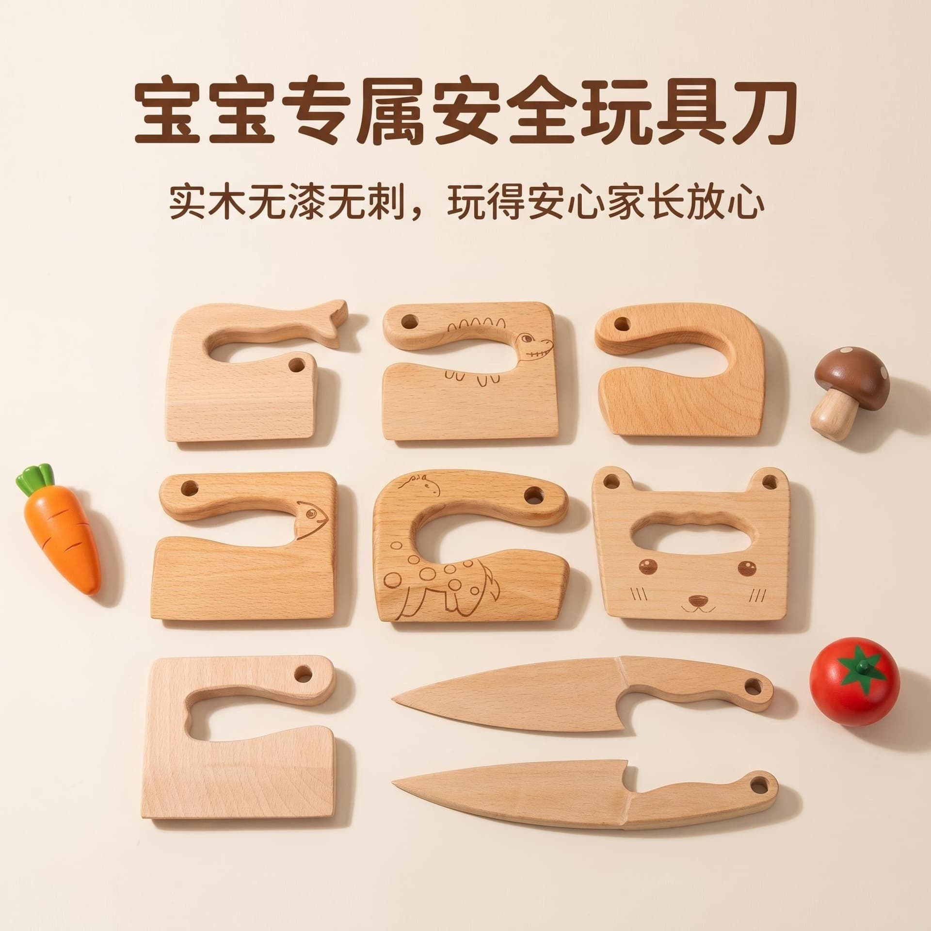 Wooden Children's Pretend Play Kitchen Toy Knife Set for Cutting Vegetables and Fruits