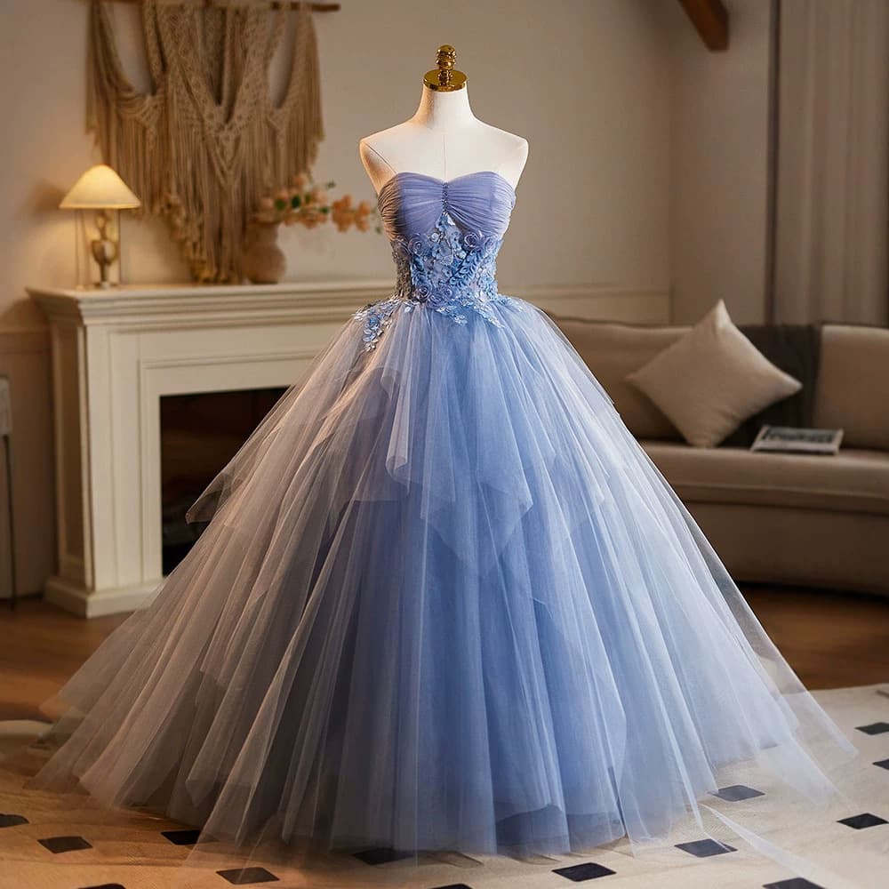 Blue tube top evening dress for women, banquet temperament, piano performance dress, tutu skirt, super fairy princess dress, light wedding dress for women