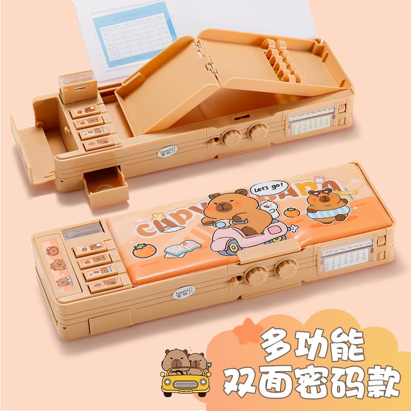 Capybara Combination Lock Pencil Case, Double-Sided Multi-functional Pen Case for Elementary School Students, Boys and Girls, Large Capacity