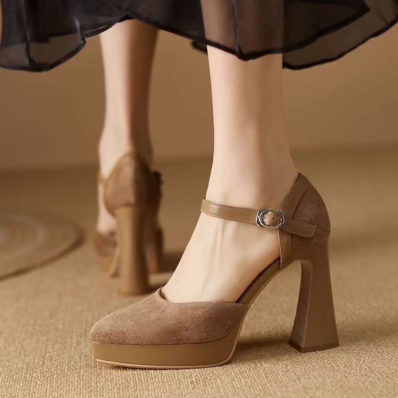 Elegant Chunky Heel Matte Soft Leather High Heels for Women 2025 Spring Waterproof Platform Thick Sole Pointed Toe Single Strap Shallow Mouth Shoes