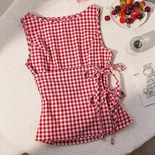 Vintage Red and White Plaid Halter Vest Top with Side Tie Details, Fitted and Slimming, French Girly Side Slit Sleeveless Top