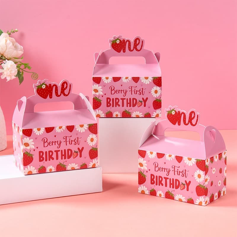 Strawberry Theme Gift Box for Kids' 1st Birthday Party, Pink Strawberry Gift Packaging Box, Candy Box