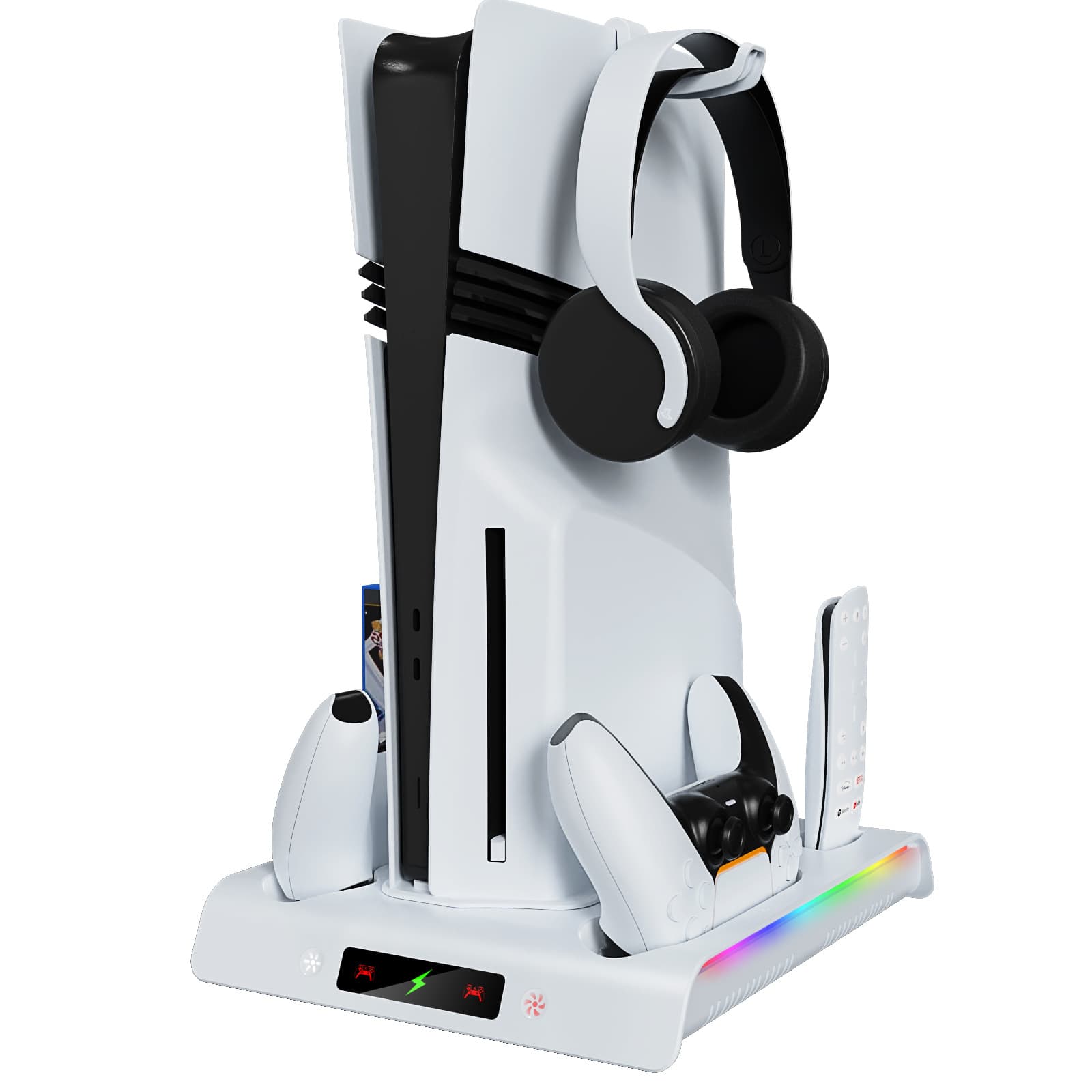 PS5 PRO/Slim Console Cooling Stand with PS5 Dual Controller Charger, RGB Lighting, Headphone and Disc Storage