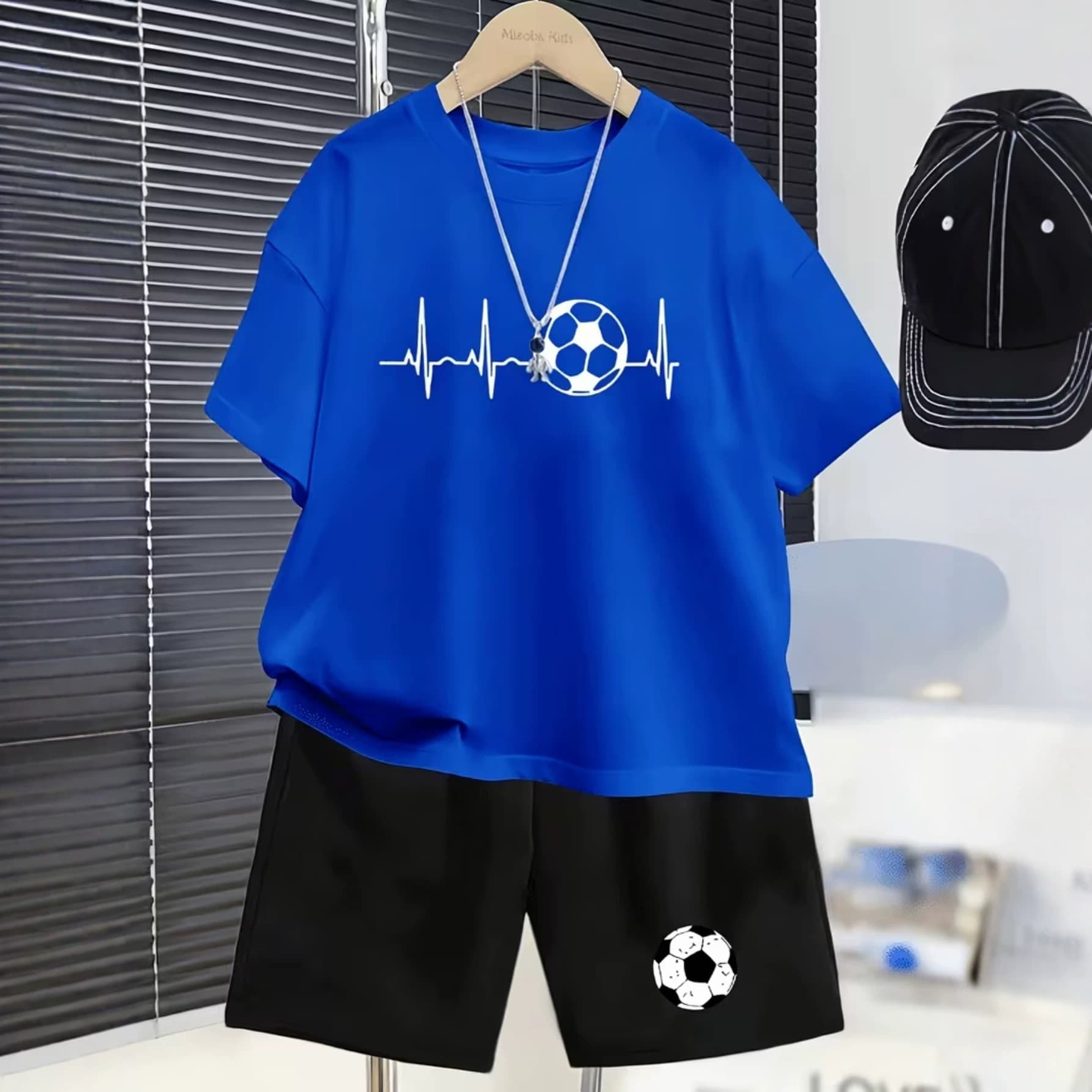 2026 AliExpress Boys Football Heartbeat Pattern Round Neck Short Sleeve Shorts Casual Versatile Fashionable Spot