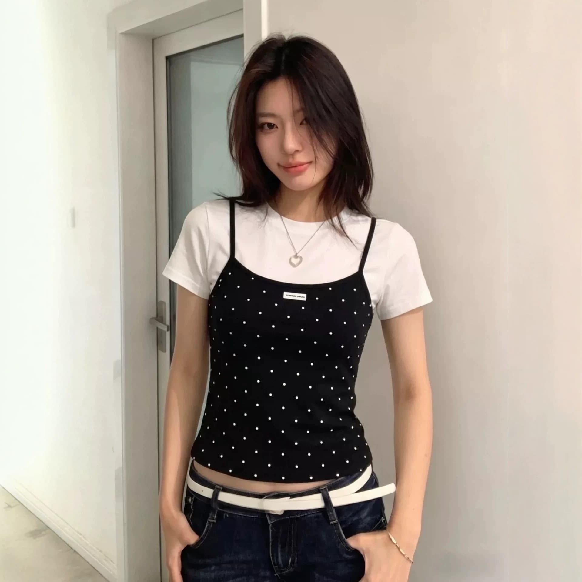 Black Faux Two-Piece Polka Dot Short-Sleeve T-Shirt for Women, Summer 2026 New Style, Short Slim-Fit Tight-Fitting Spicy Girl Top