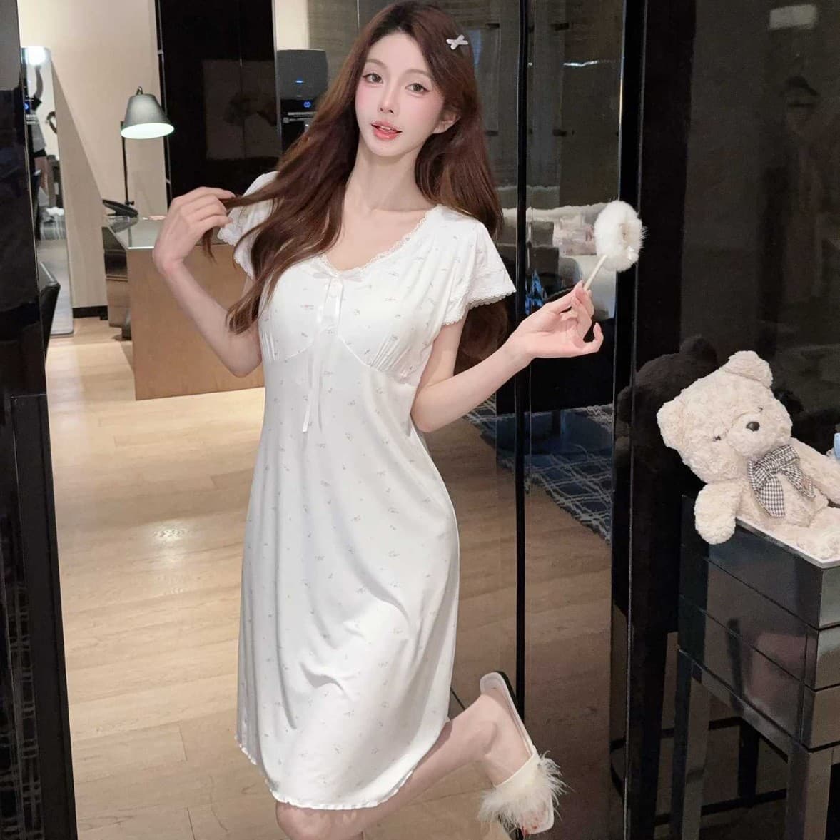 Women's Summer Modal Cotton Floral Lace Short Sleeve Nightgown Loungewear with Built-in Bra, Wearable Outside