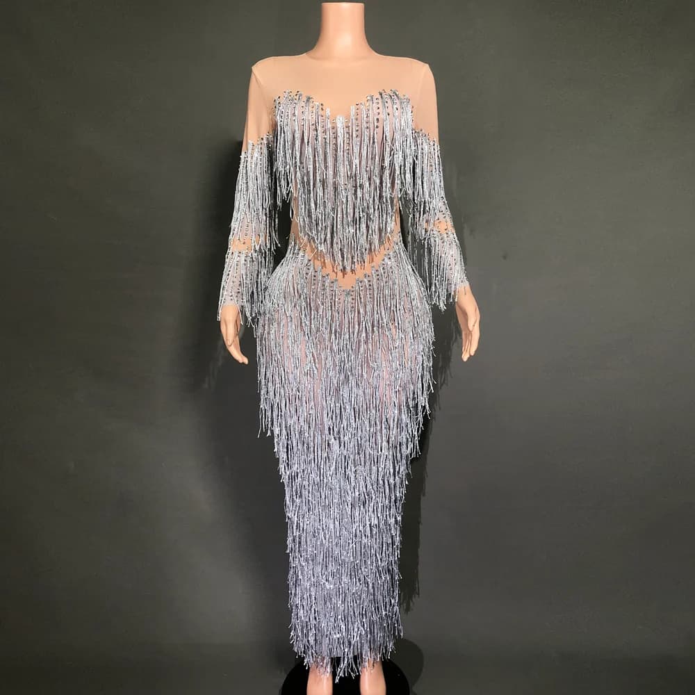 2026 Spring Diamond Halter Neck Long Sleeve Evening Dress Women's Banquet High Waist Slim Slim High-End Party Dress