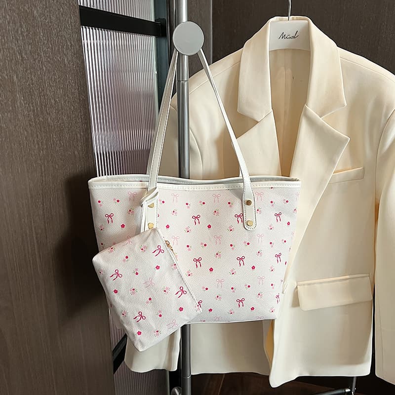 Cross-Border Best-Selling Large-Capacity Contrast-Color Women's Bag 2026 New Fresh Cherry Print Shoulder Bag Sweet Style Student Bag