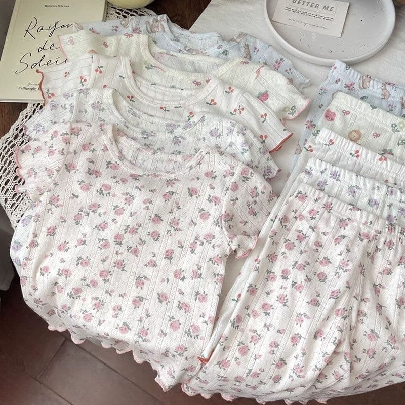 Korean style thin cotton hollow floral short-sleeved cropped pants pajamas set air-conditioned clothes breathable home clothes two-piece set