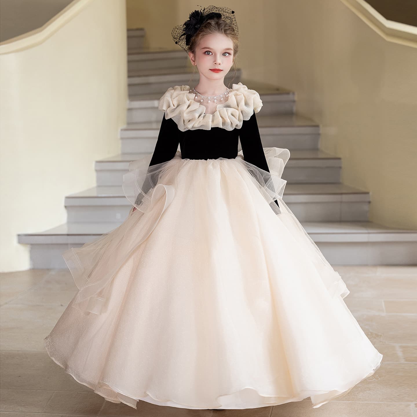 Girls Formal Dress French Light Luxury Niche Host Birthday Princess Dress Kids Piano Performance Outfit Long Sleeve Autumn Winter