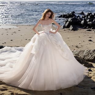 Strapless Corset Wedding Dress with Cathedral Train, Handcrafted Rose Lace, Slimming Bride Gown for Ceremony, Heavy Tulle Ball Gown