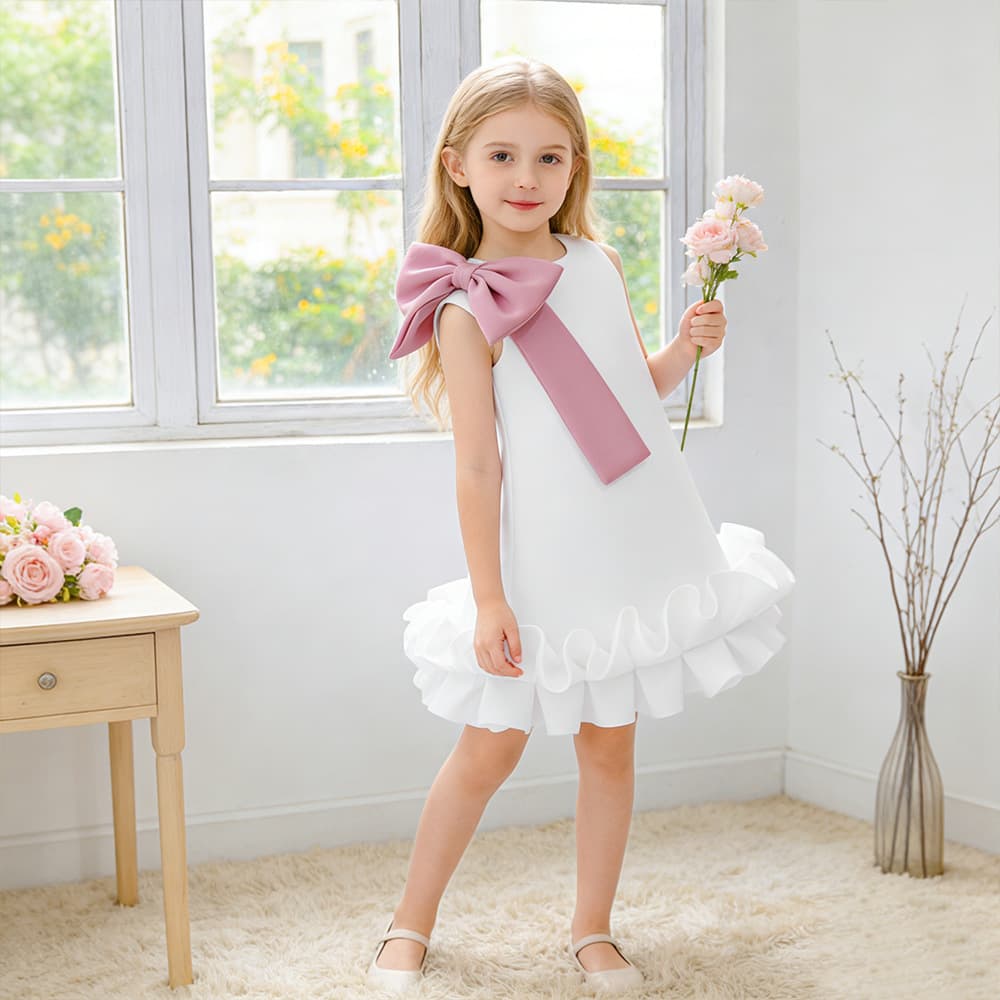 Amazon cross-border foreign trade children's clothing British style summer girls' round neck bow and ear-trimmed dress evening dress